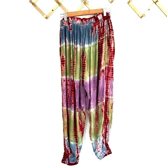 Boho Tie Dye Pants Wide Leg Jogger Pockets Colorful Free Size OS Viscose Hippie - Picture 8 of 11